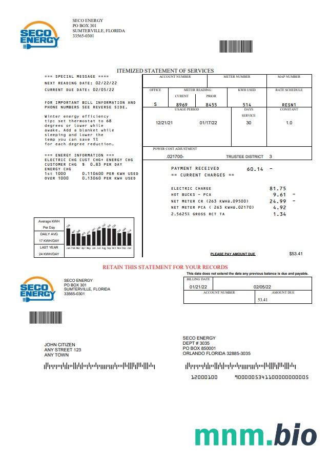 USA Florida Seco Energy rachunek za media szablon w formacie Word i PDF